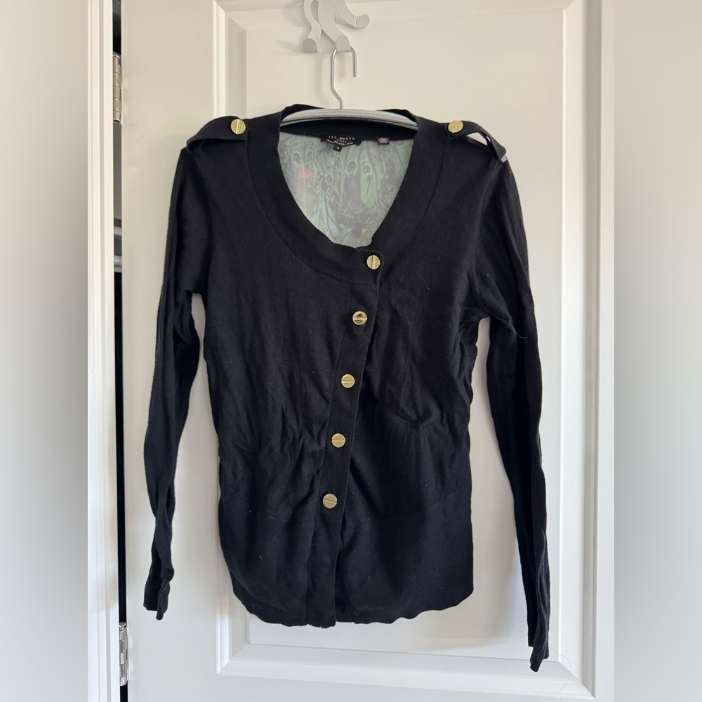 Ted Baker Black Button-Down cardigan bird print with Gold Buttons